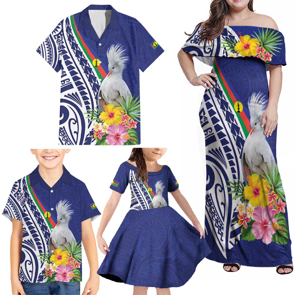 New Caledonia Kagu Bird Family Matching Off Shoulder Maxi Dress and Hawaiian Shirt Polynesian Tropical Flowers