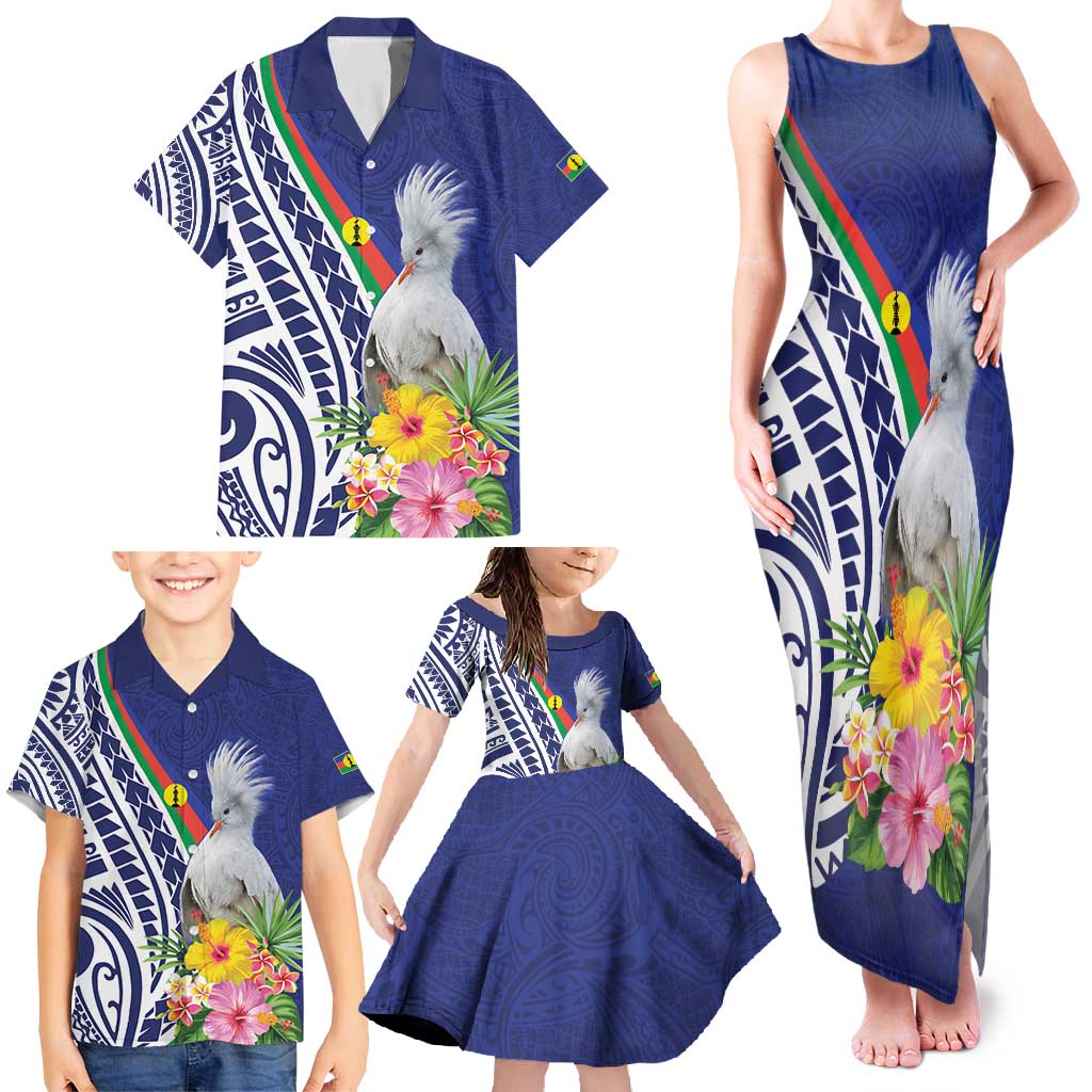 New Caledonia Kagu Bird Family Matching Tank Maxi Dress and Hawaiian Shirt Polynesian Tropical Flowers