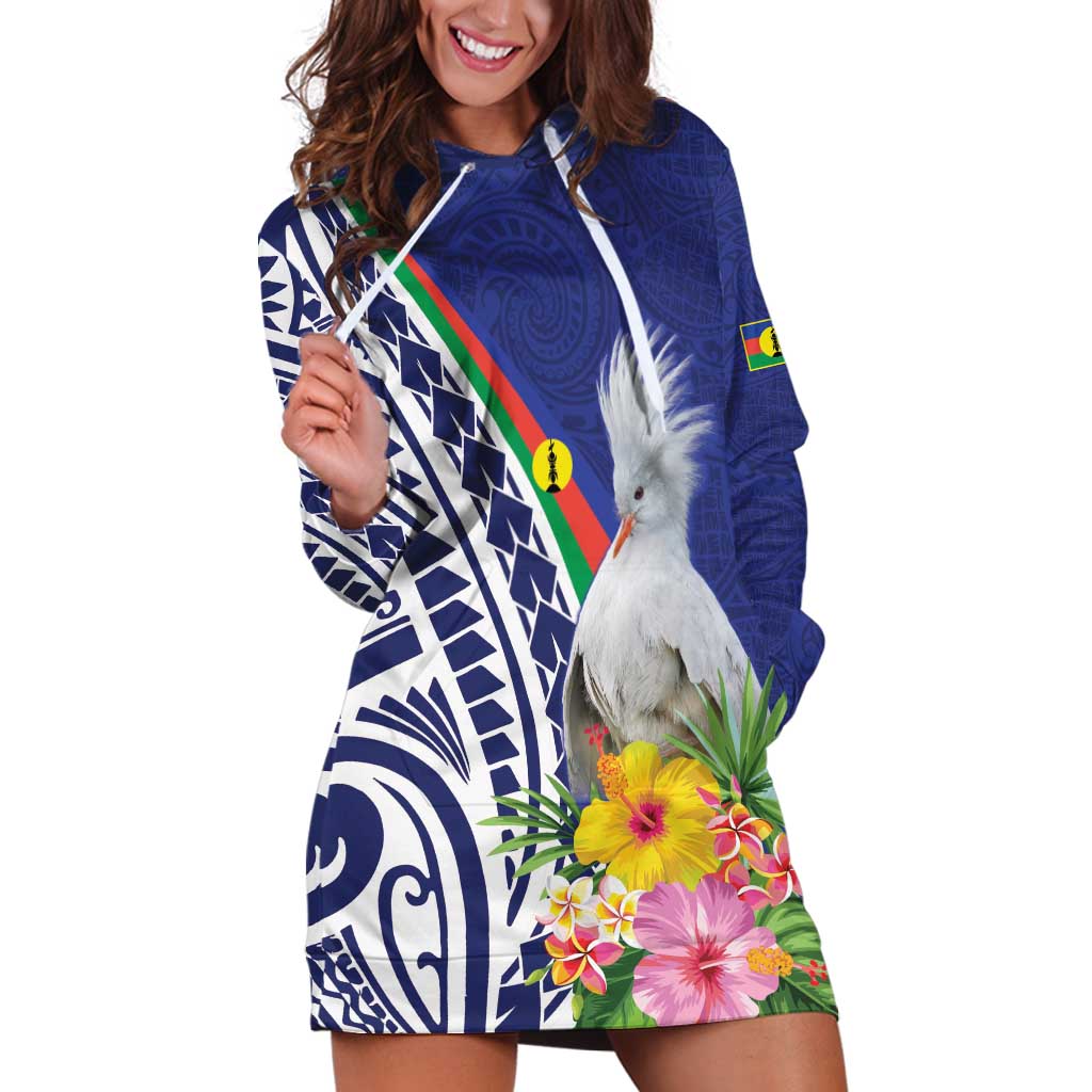 New Caledonia Kagu Bird Hoodie Dress Polynesian Tropical Flowers