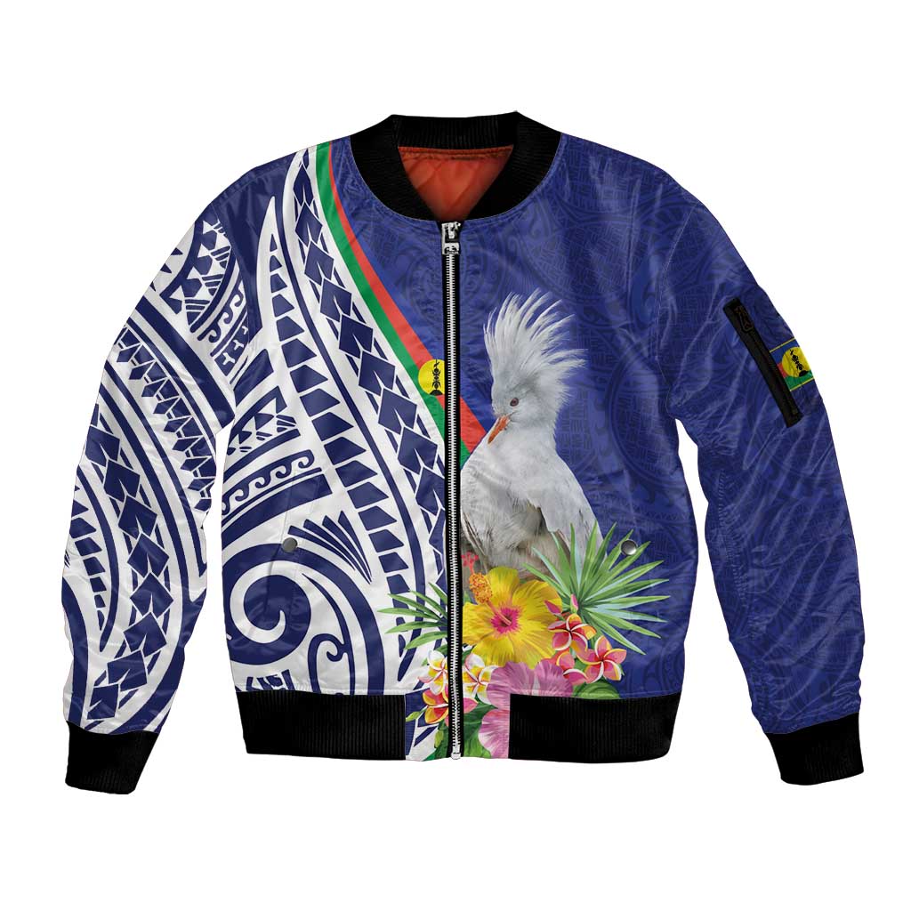 New Caledonia Kagu Bird Sleeve Zip Bomber Jacket Polynesian Tropical Flowers