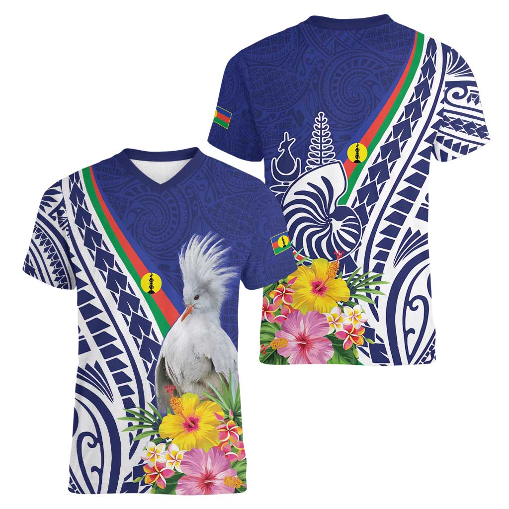 New Caledonia Kagu Bird Women V-Neck T-Shirt Polynesian Tropical Flowers