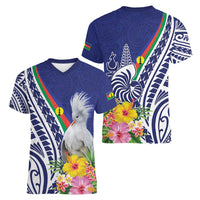 New Caledonia Kagu Bird Women V-Neck T-Shirt Polynesian Tropical Flowers