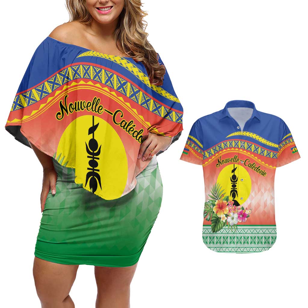 New Caledonia Nautilus Shell Couples Matching Off Shoulder Short Dress and Hawaiian Shirt Polynesian Tropical Flowers