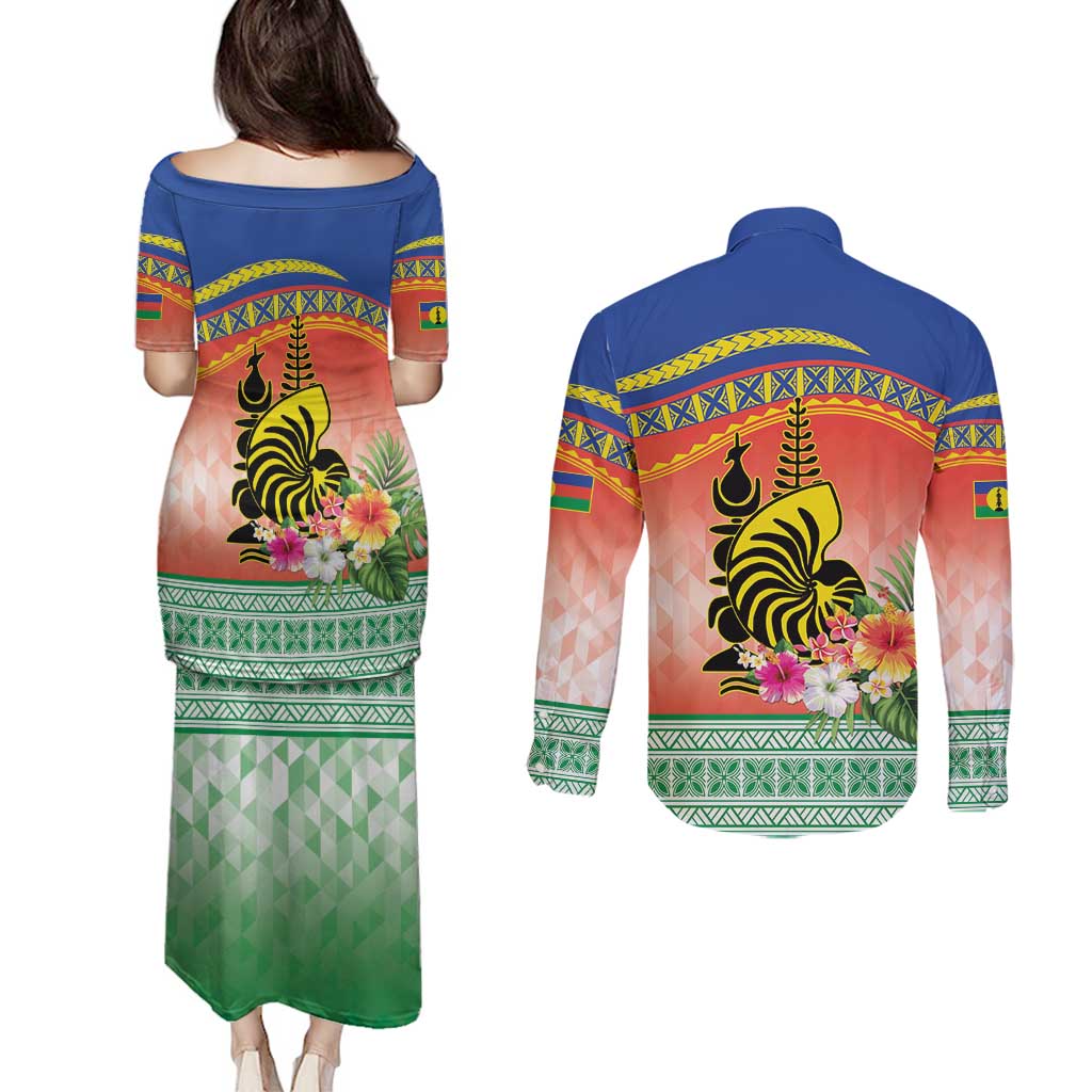 New Caledonia Nautilus Shell Couples Matching Puletasi and Long Sleeve Button Shirt Polynesian Tropical Flowers