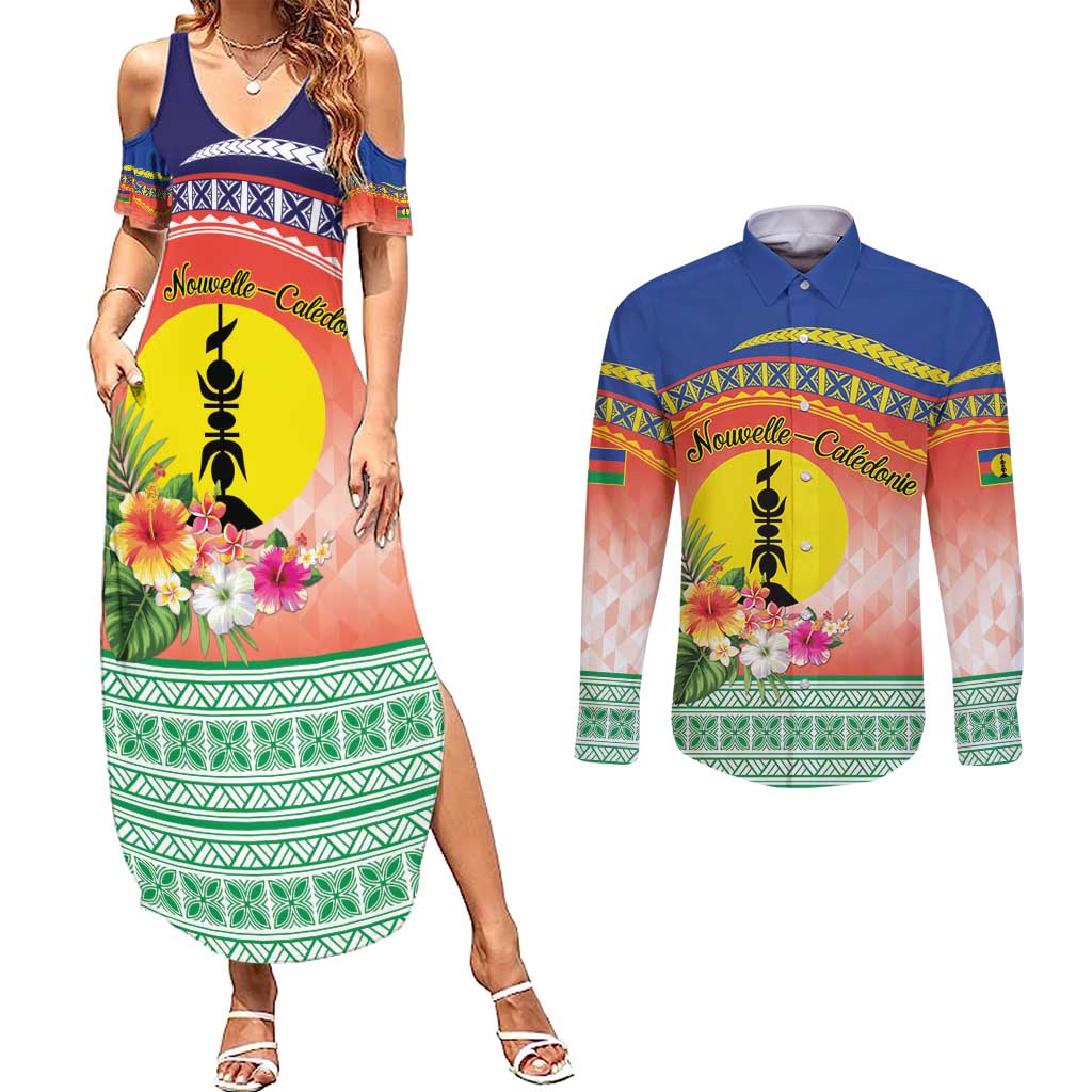 New Caledonia Nautilus Shell Couples Matching Summer Maxi Dress and Long Sleeve Button Shirt Polynesian Tropical Flowers