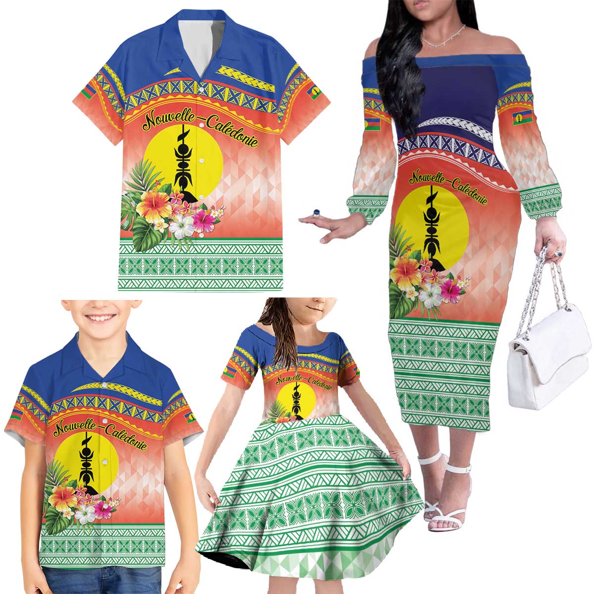 New Caledonia Nautilus Shell Family Matching Off The Shoulder Long Sleeve Dress and Hawaiian Shirt Polynesian Tropical Flowers