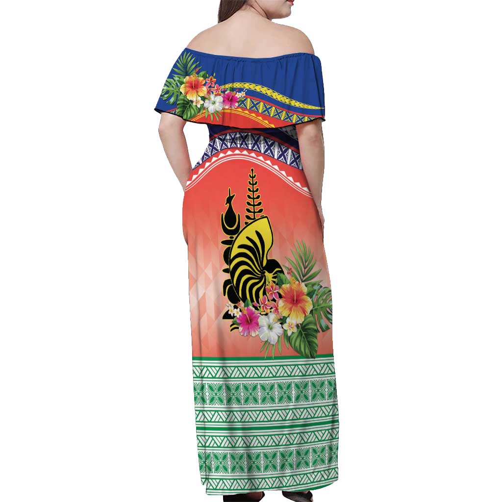 New Caledonia Nautilus Shell Off Shoulder Maxi Dress Polynesian Tropical Flowers