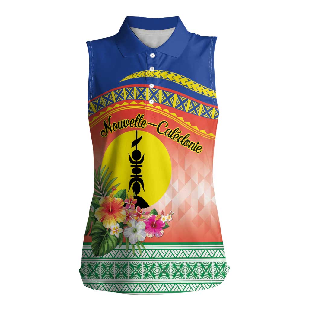 New Caledonia Nautilus Shell Women Sleeveless Polo Shirt Polynesian Tropical Flowers