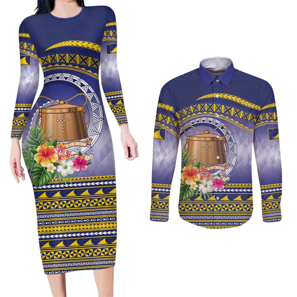 Tokelau Tuluma Couples Matching Long Sleeve Bodycon Dress and Long Sleeve Button Shirt Polynesian Tropical Flowers