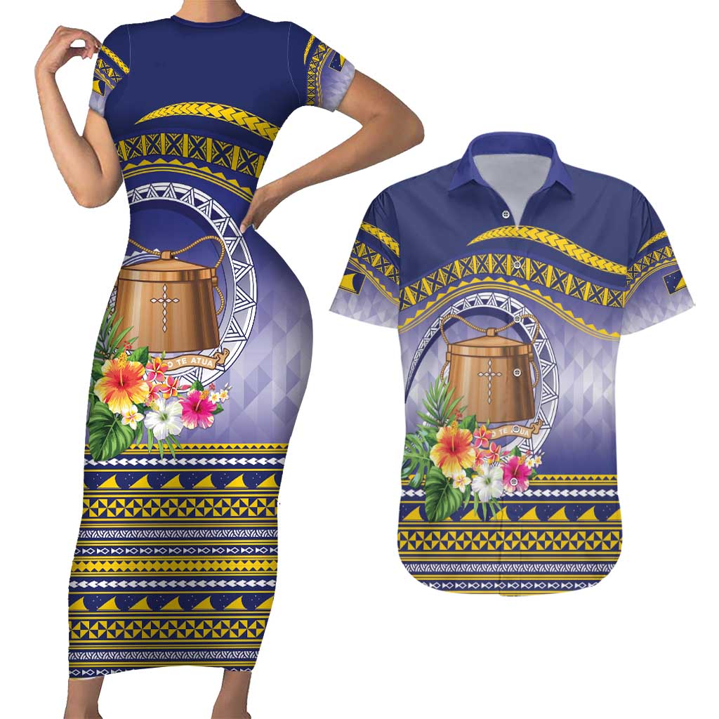 Tokelau Tuluma Couples Matching Short Sleeve Bodycon Dress and Hawaiian Shirt Polynesian Tropical Flowers