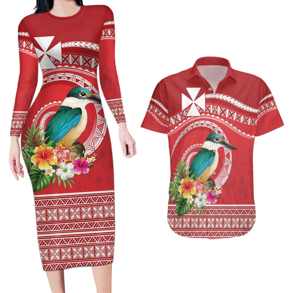 Wallis et Futuna Kingfisher Couples Matching Long Sleeve Bodycon Dress and Hawaiian Shirt Polynesian Tropical Flowers