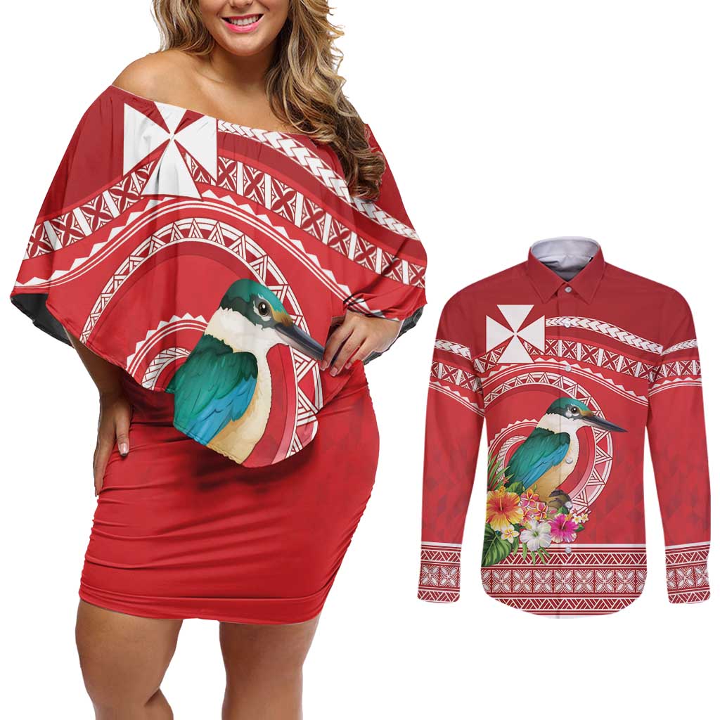 Wallis et Futuna Kingfisher Couples Matching Off Shoulder Short Dress and Long Sleeve Button Shirt Polynesian Tropical Flowers LT9 Red - Polynesian Pride