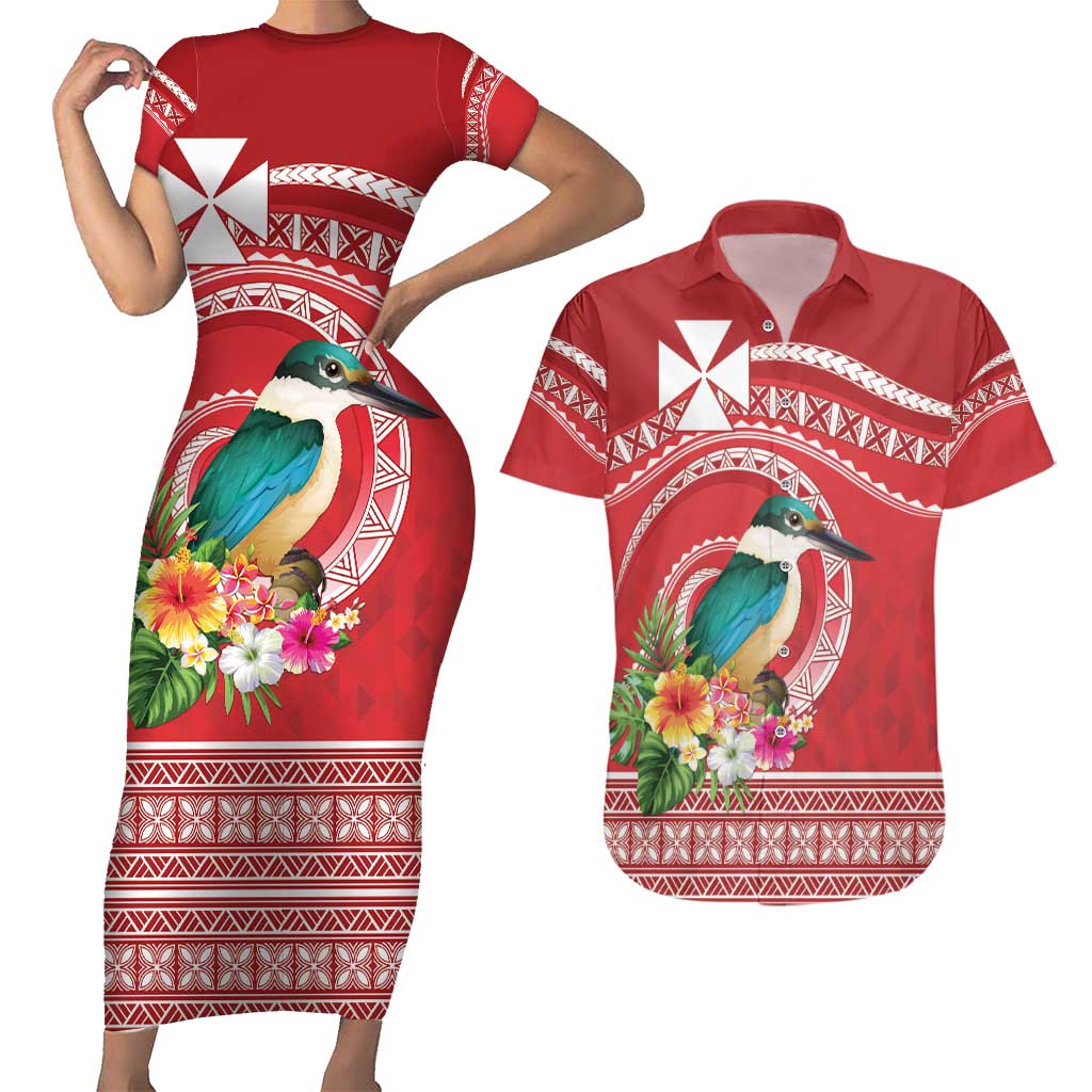 Wallis et Futuna Kingfisher Couples Matching Short Sleeve Bodycon Dress and Hawaiian Shirt Polynesian Tropical Flowers