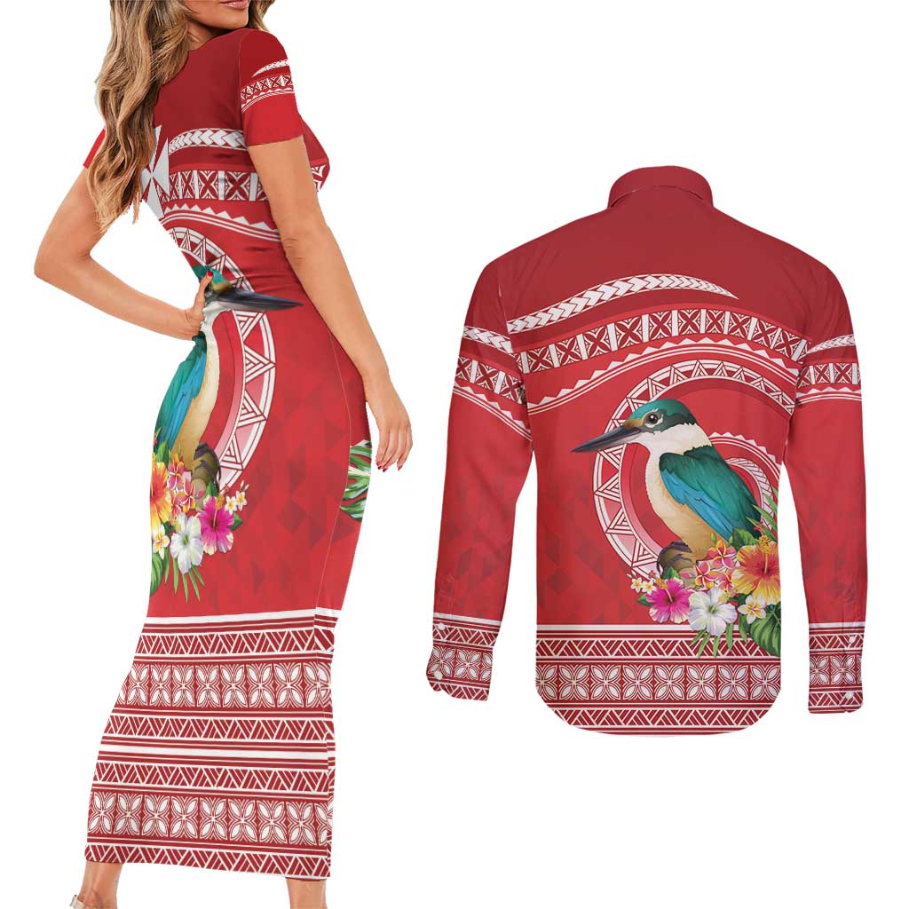 Wallis et Futuna Kingfisher Couples Matching Short Sleeve Bodycon Dress and Long Sleeve Button Shirt Polynesian Tropical Flowers