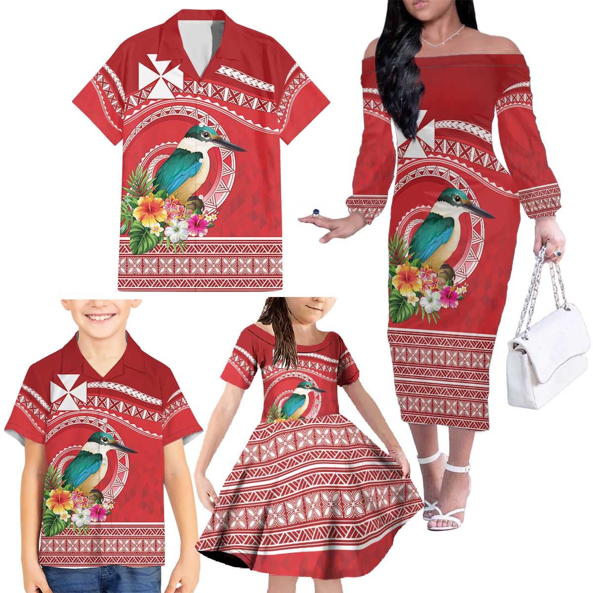 Wallis et Futuna Kingfisher Family Matching Off The Shoulder Long Sleeve Dress and Hawaiian Shirt Polynesian Tropical Flowers