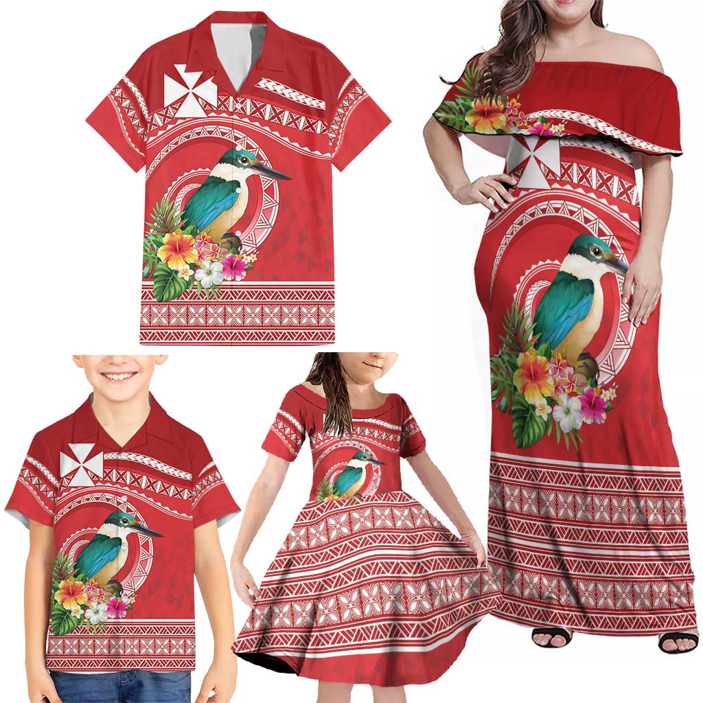 Wallis et Futuna Kingfisher Family Matching Off Shoulder Maxi Dress and Hawaiian Shirt Polynesian Tropical Flowers