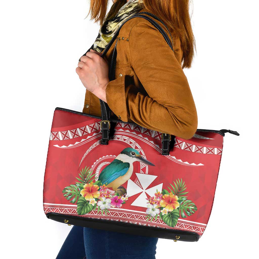 Wallis et Futuna Kingfisher Leather Tote Bag Polynesian Tropical Flowers LT9 Red - Polynesian Pride