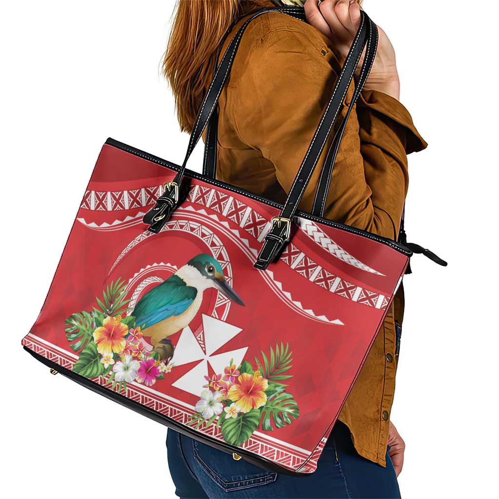 Wallis et Futuna Kingfisher Leather Tote Bag Polynesian Tropical Flowers LT9 - Polynesian Pride
