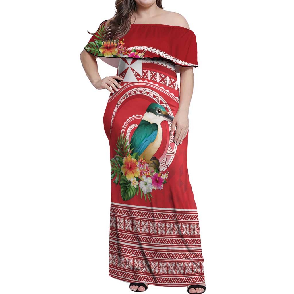 Wallis et Futuna Kingfisher Off Shoulder Maxi Dress Polynesian Tropical Flowers LT9 Women Red - Polynesian Pride