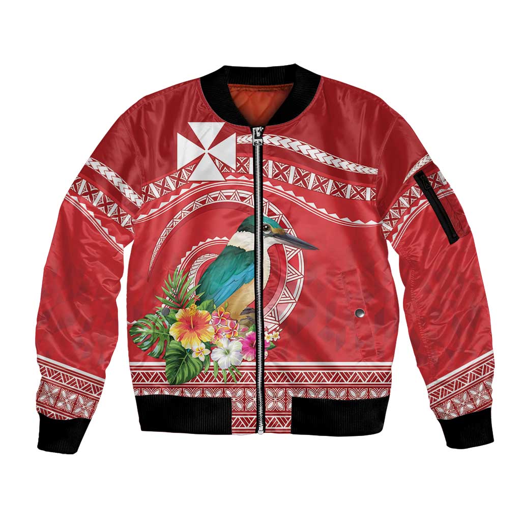 Wallis et Futuna Kingfisher Sleeve Zip Bomber Jacket Polynesian Tropical Flowers