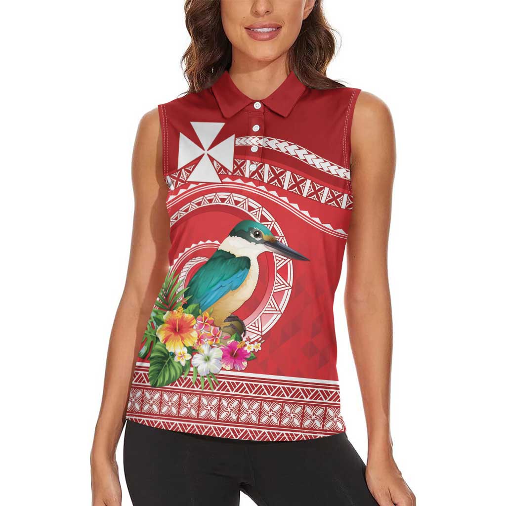 Wallis et Futuna Kingfisher Women Sleeveless Polo Shirt Polynesian Tropical Flowers