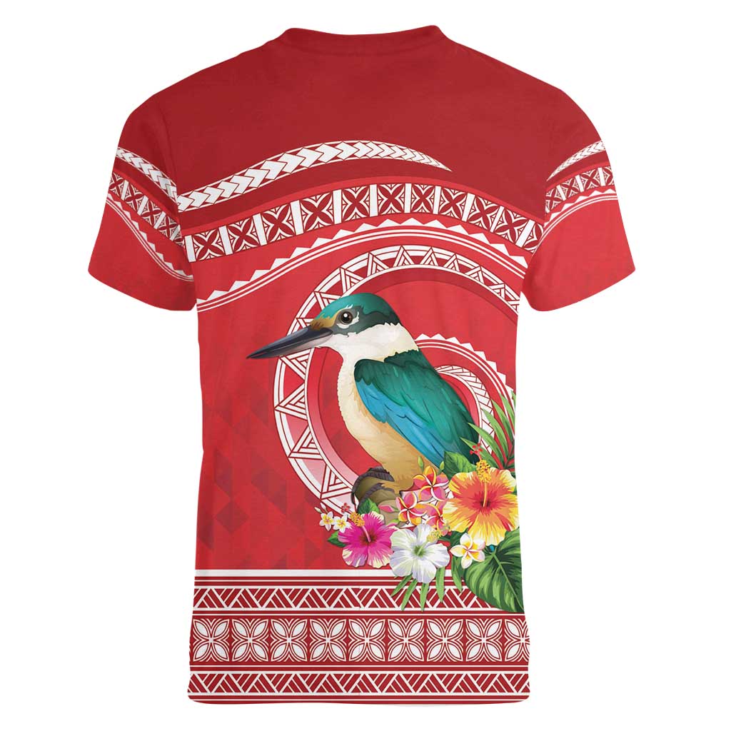 Wallis et Futuna Kingfisher Women V-Neck T-Shirt Polynesian Tropical Flowers LT9 - Polynesian Pride