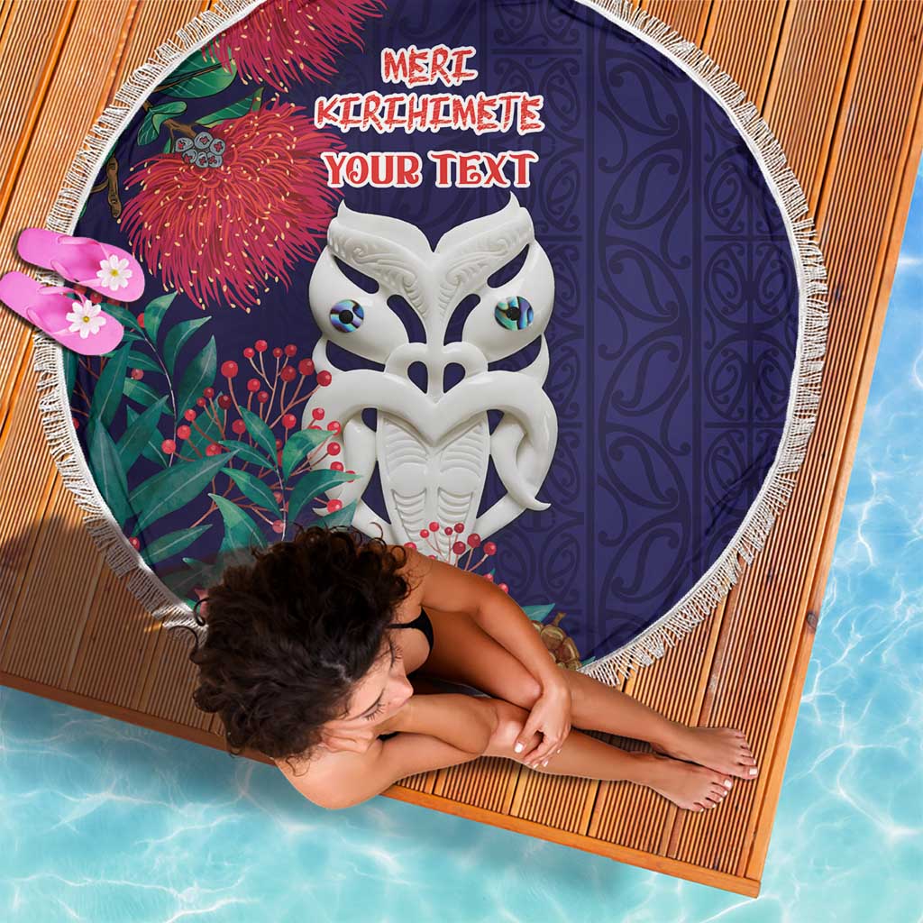 Maori Wheku Meri Kirihimete Personalised Beach Blanket All Blue Indigenous Maori Motif - Polynesian Pride