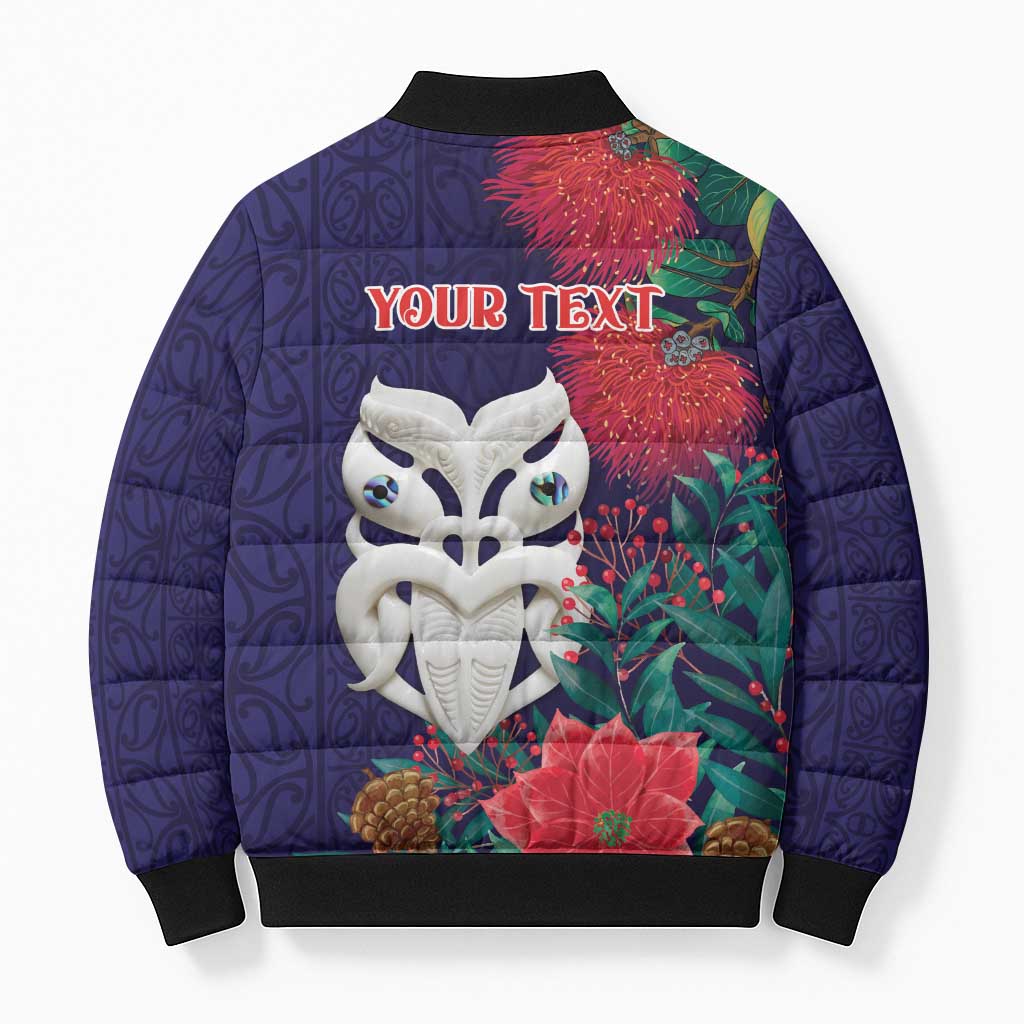 Maori Wheku Meri Kirihimete Personalised Bomber Puffer Jacket All Blue Indigenous Maori Motif - Polynesian Pride