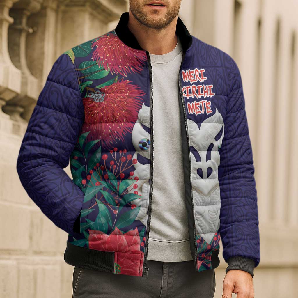 Maori Wheku Meri Kirihimete Personalised Bomber Puffer Jacket All Blue Indigenous Maori Motif - Polynesian Pride
