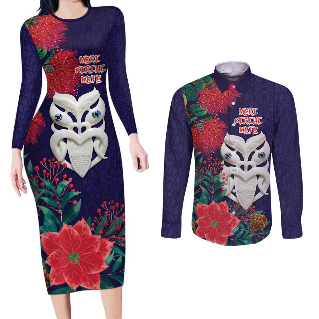 Maori Wheku Meri Kirihimete Personalised Couples Matching Long Sleeve Bodycon Dress and Long Sleeve Button Shirt All Blue Indigenous Maori Motif - Polynesian Pride