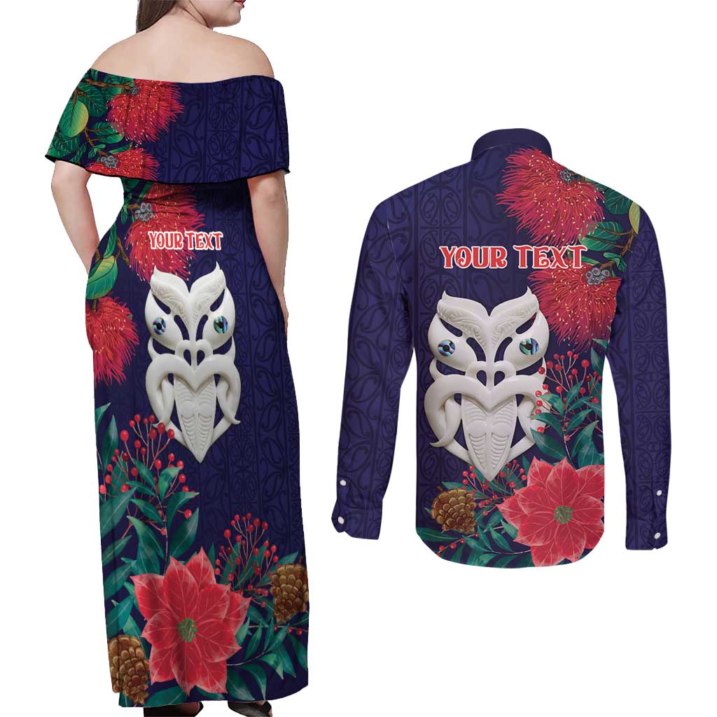 Maori Wheku Meri Kirihimete Personalised Couples Matching Off Shoulder Maxi Dress and Long Sleeve Button Shirt All Blue Indigenous Maori Motif - Polynesian Pride