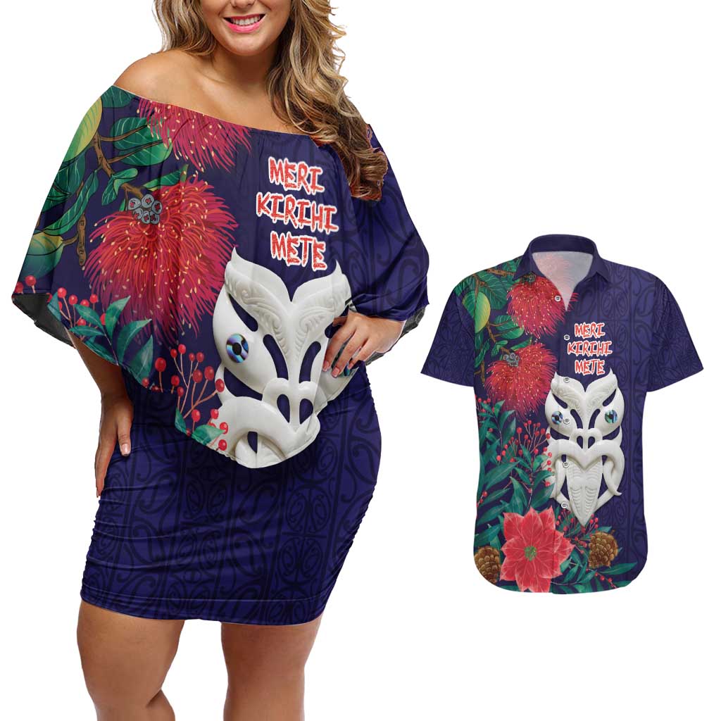 Maori Wheku Meri Kirihimete Personalised Couples Matching Off Shoulder Short Dress and Hawaiian Shirt All Blue Indigenous Maori Motif - Polynesian Pride