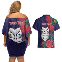Maori Wheku Meri Kirihimete Personalised Couples Matching Off Shoulder Short Dress and Hawaiian Shirt All Blue Indigenous Maori Motif - Polynesian Pride