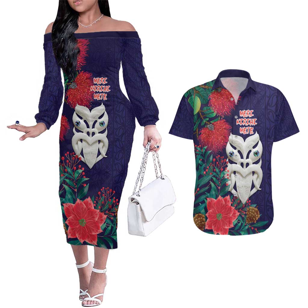 Maori Wheku Meri Kirihimete Personalised Couples Matching Off The Shoulder Long Sleeve Dress and Hawaiian Shirt All Blue Indigenous Maori Motif - Polynesian Pride