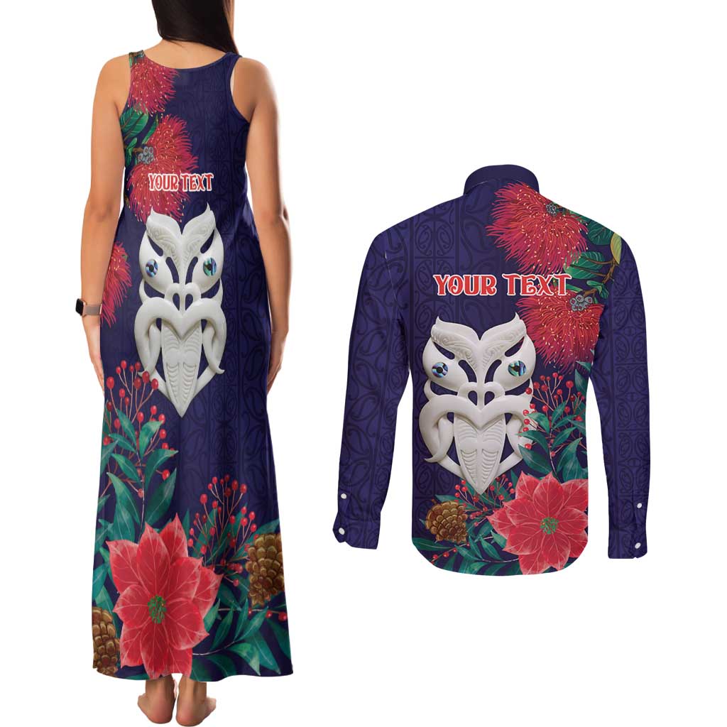 Maori Wheku Meri Kirihimete Personalised Couples Matching Tank Maxi Dress and Long Sleeve Button Shirt All Blue Indigenous Maori Motif - Polynesian Pride