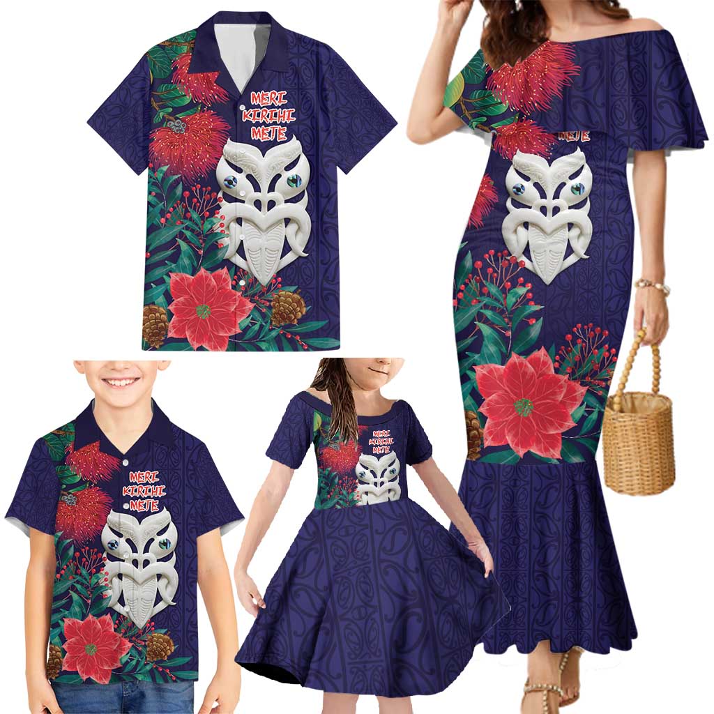 Maori Wheku Meri Kirihimete Personalised Family Matching Mermaid Dress and Hawaiian Shirt All Blue Indigenous Maori Motif - Polynesian Pride