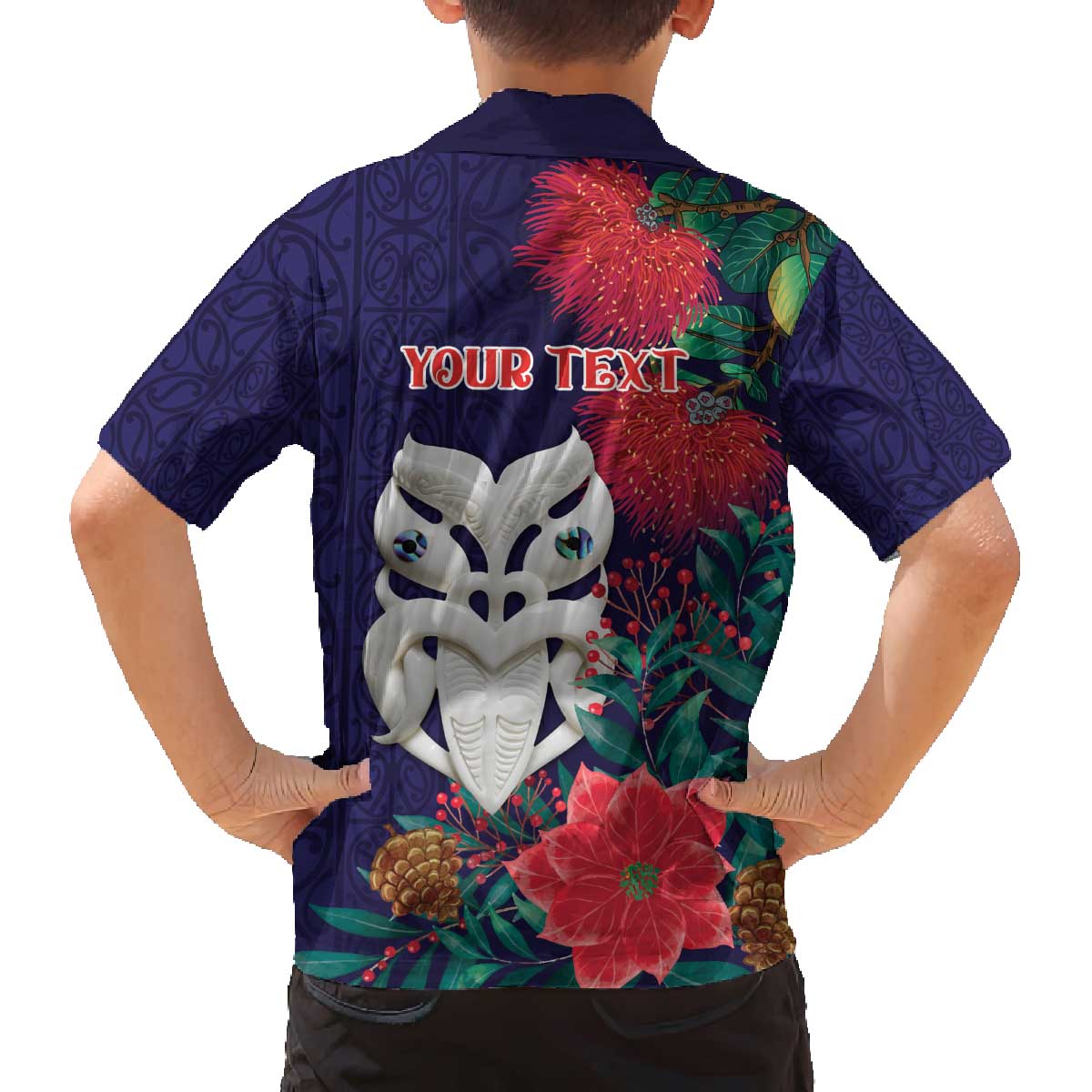 Maori Wheku Meri Kirihimete Personalised Family Matching Off The Shoulder Long Sleeve Dress and Hawaiian Shirt All Blue Indigenous Maori Motif - Polynesian Pride
