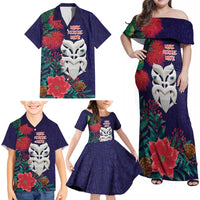 Maori Wheku Meri Kirihimete Personalised Family Matching Off Shoulder Maxi Dress and Hawaiian Shirt All Blue Indigenous Maori Motif - Polynesian Pride