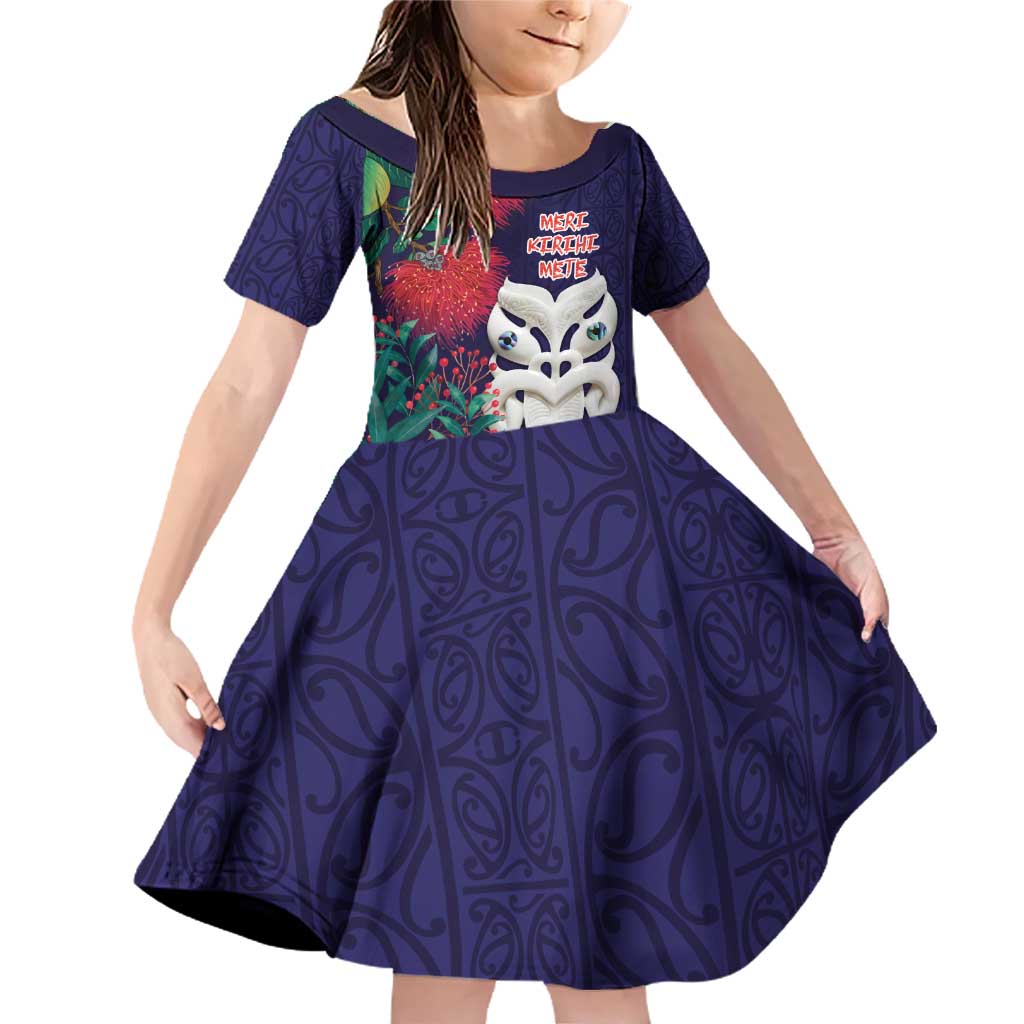 Maori Wheku Meri Kirihimete Personalised Family Matching Off Shoulder Short Dress and Hawaiian Shirt All Blue Indigenous Maori Motif - Polynesian Pride