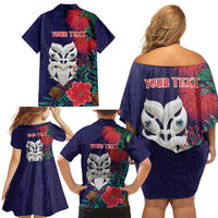 Maori Wheku Meri Kirihimete Personalised Family Matching Off Shoulder Short Dress and Hawaiian Shirt All Blue Indigenous Maori Motif - Polynesian Pride