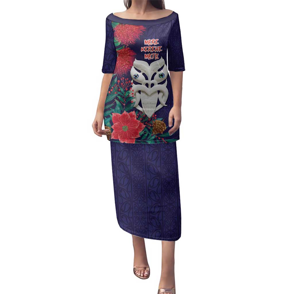 Maori Wheku Meri Kirihimete Personalised Family Matching Puletasi and Hawaiian Shirt All Blue Indigenous Maori Motif - Polynesian Pride