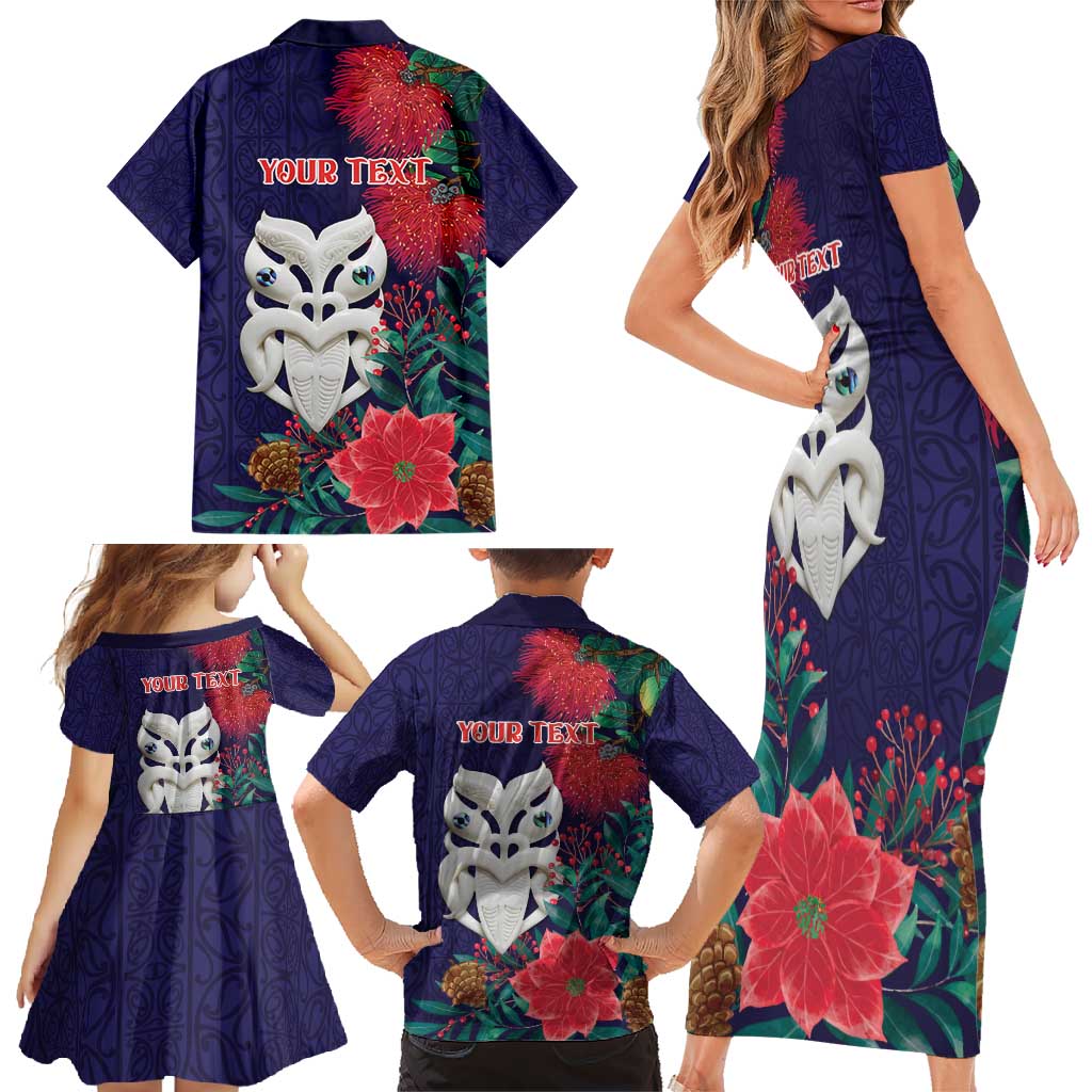Maori Wheku Meri Kirihimete Personalised Family Matching Short Sleeve Bodycon Dress and Hawaiian Shirt All Blue Indigenous Maori Motif - Polynesian Pride