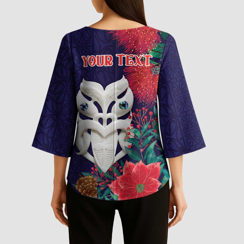 Maori Wheku Meri Kirihimete Personalised Kimono Sleeve Blouse All Blue Indigenous Maori Motif - Polynesian Pride