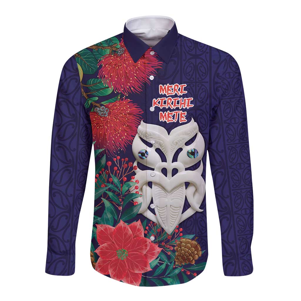 Maori Wheku Meri Kirihimete Personalised Long Sleeve Button Shirt All Blue Indigenous Maori Motif - Polynesian Pride