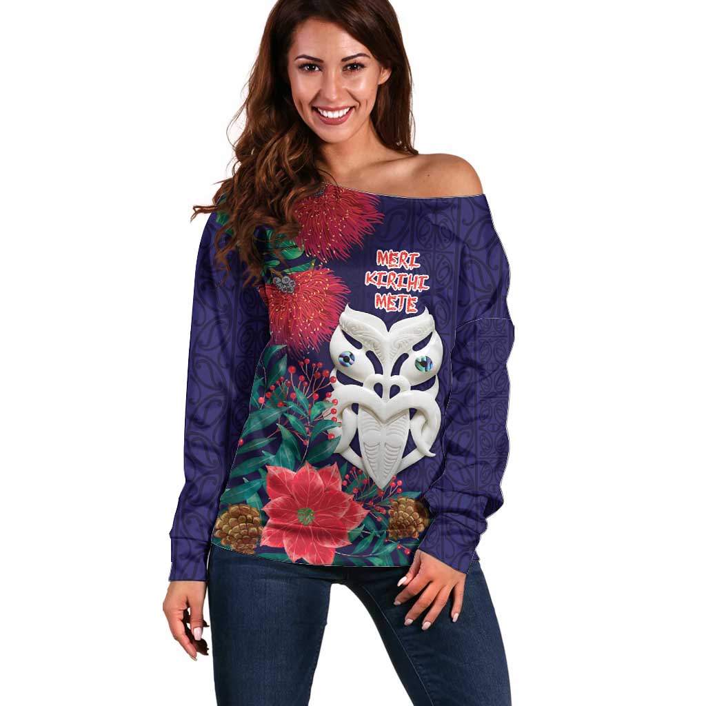 Maori Wheku Meri Kirihimete Personalised Off Shoulder Sweater All Blue Indigenous Maori Motif - Polynesian Pride