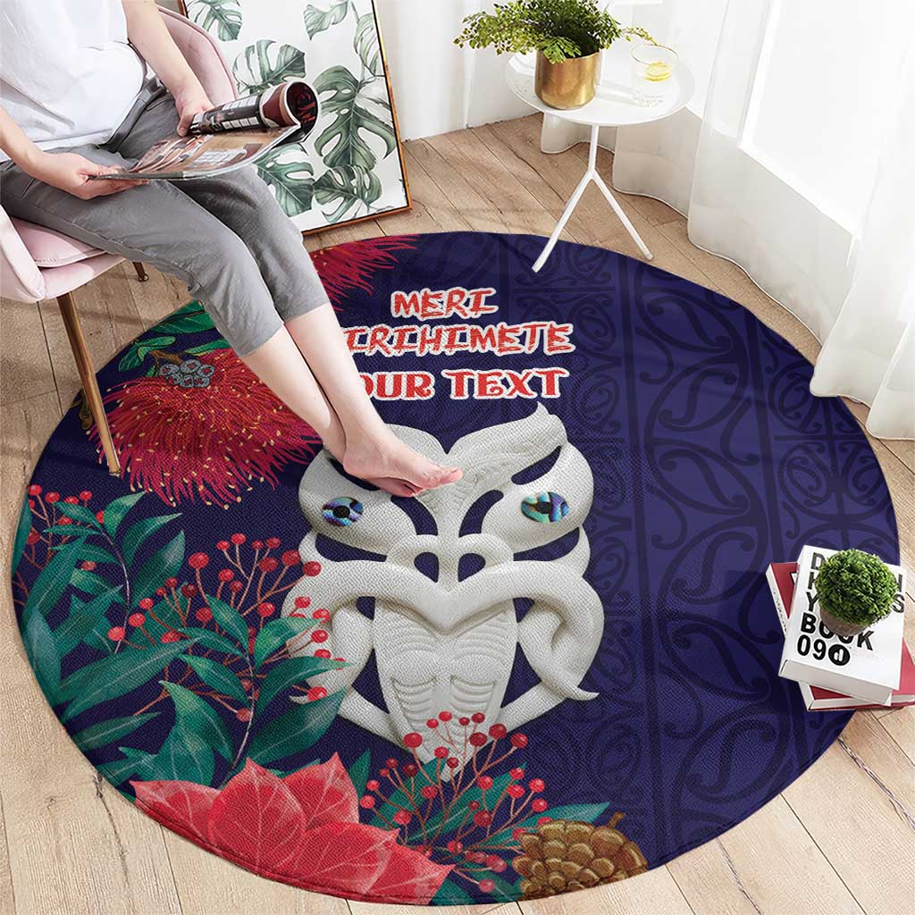 Maori Wheku Meri Kirihimete Personalised Round Carpet All Blue Indigenous Maori Motif - Polynesian Pride
