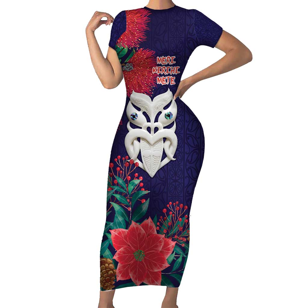 Maori Wheku Meri Kirihimete Personalised Short Sleeve Bodycon Dress All Blue Indigenous Maori Motif - Polynesian Pride