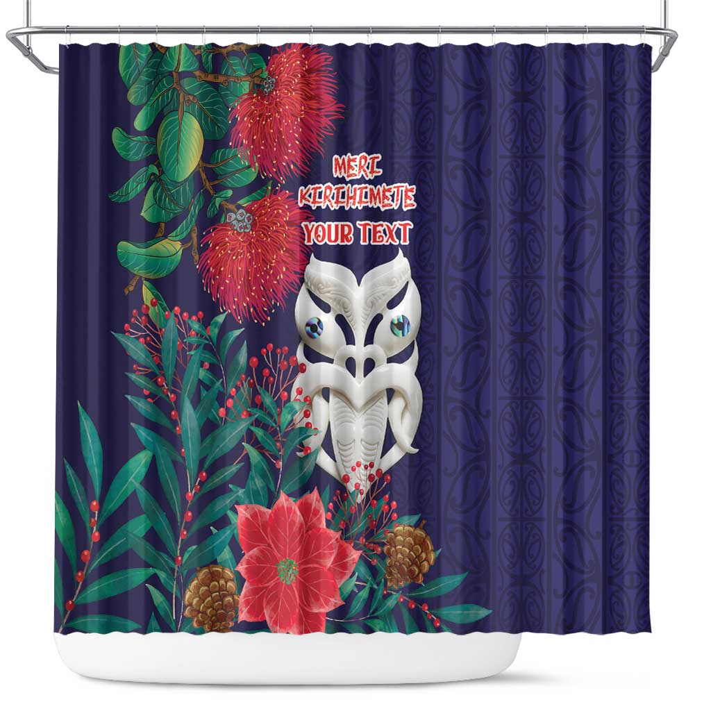Maori Wheku Meri Kirihimete Personalised Shower Curtain All Blue Indigenous Maori Motif - Polynesian Pride