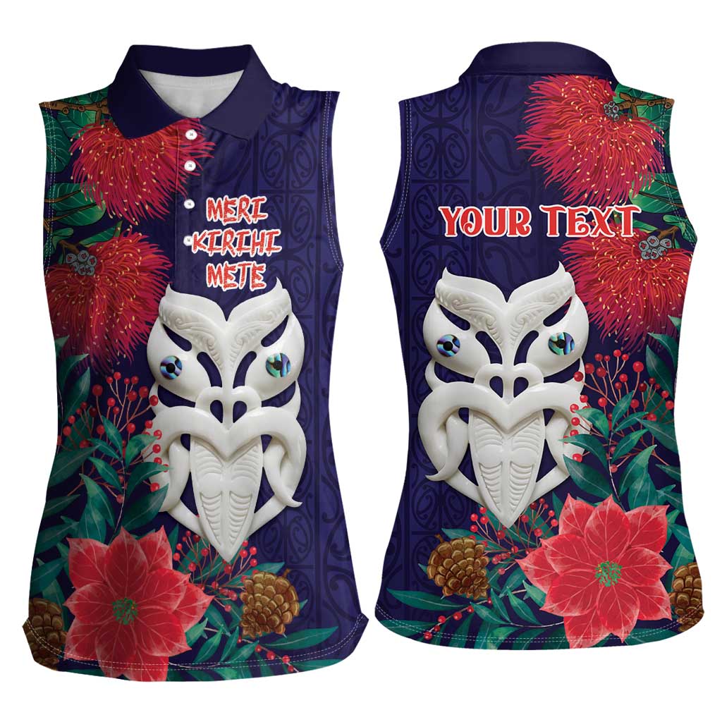 Maori Wheku Meri Kirihimete Personalised Women Sleeveless Polo Shirt All Blue Indigenous Maori Motif - Polynesian Pride