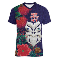 Maori Wheku Meri Kirihimete Personalised Women V-Neck T-Shirt All Blue Indigenous Maori Motif - Polynesian Pride